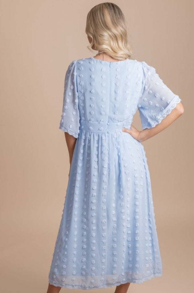 womens textured midi dress in light blue