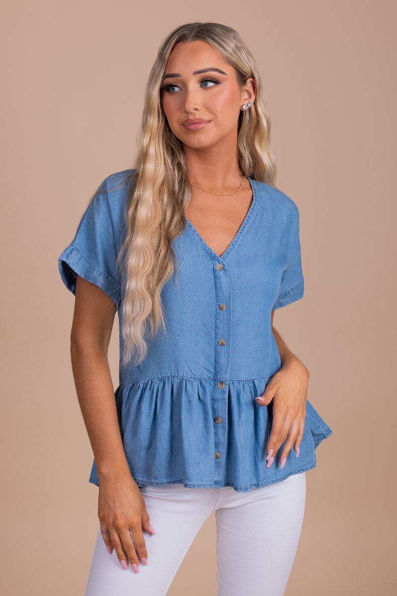 Blue Button-Up Front Boutique Tops for Women