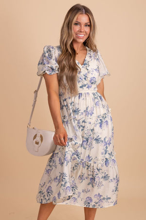 Off White and Blue Floral Boutique Dresses for Women