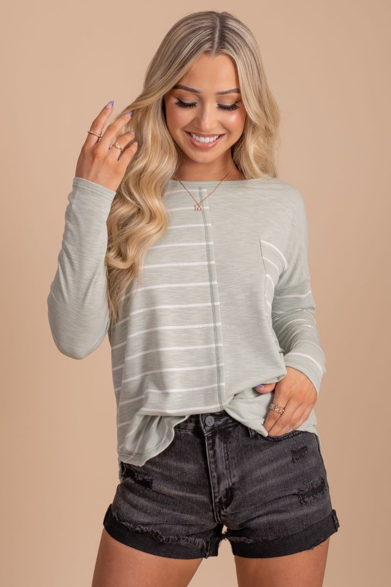 Light Green Striped Boutique Tops for Women