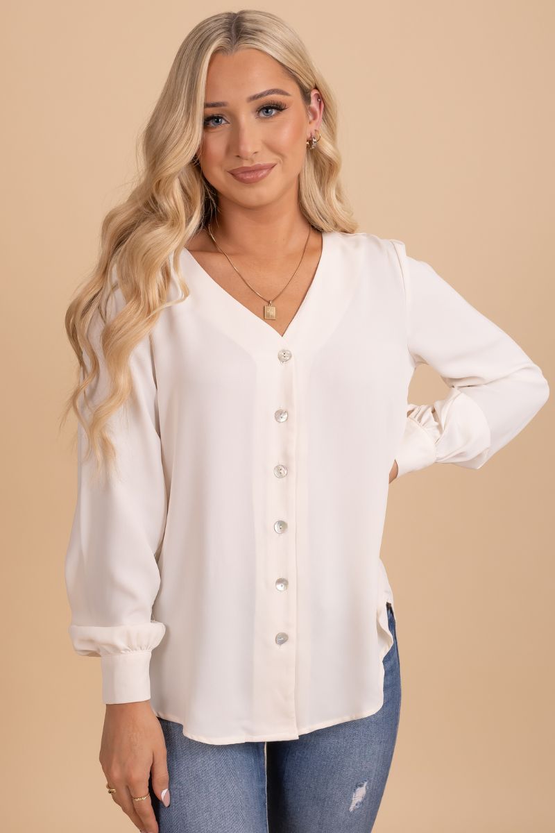 Off White Button-Up Front Boutique Blouses for Women