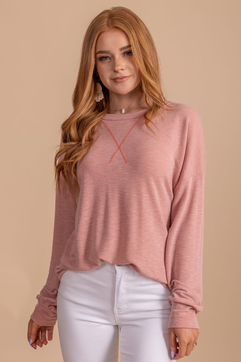 Light Pink Long Sleeve Boutique Tops
