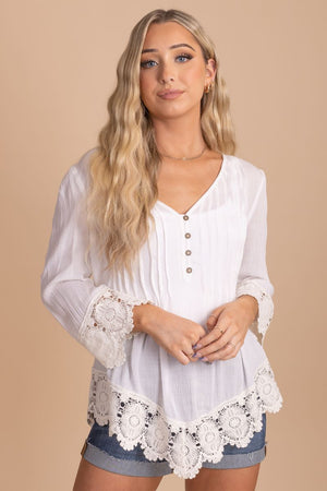 White Crochet Accented Boutique Tops for Women