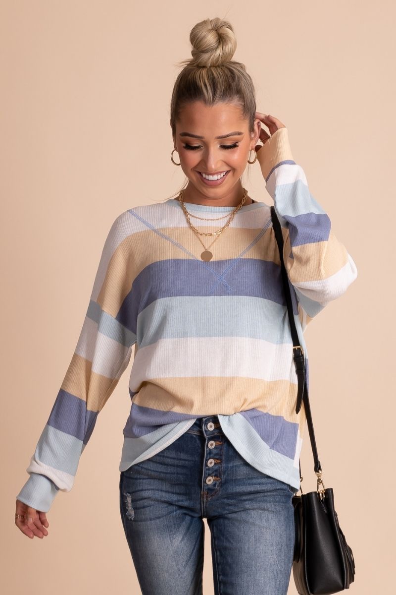 Blue Striped Boutique Tops for Women