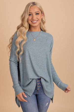 Light Blue Ribbed Boutique Tops for Women
