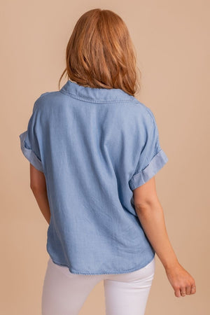 Women's Blue Button-Up Front Boutique Tops