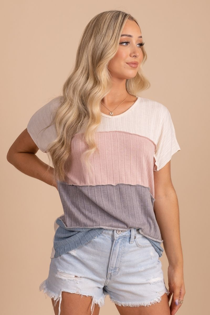 Light Blue Ribbed Boutique Tops for Women
