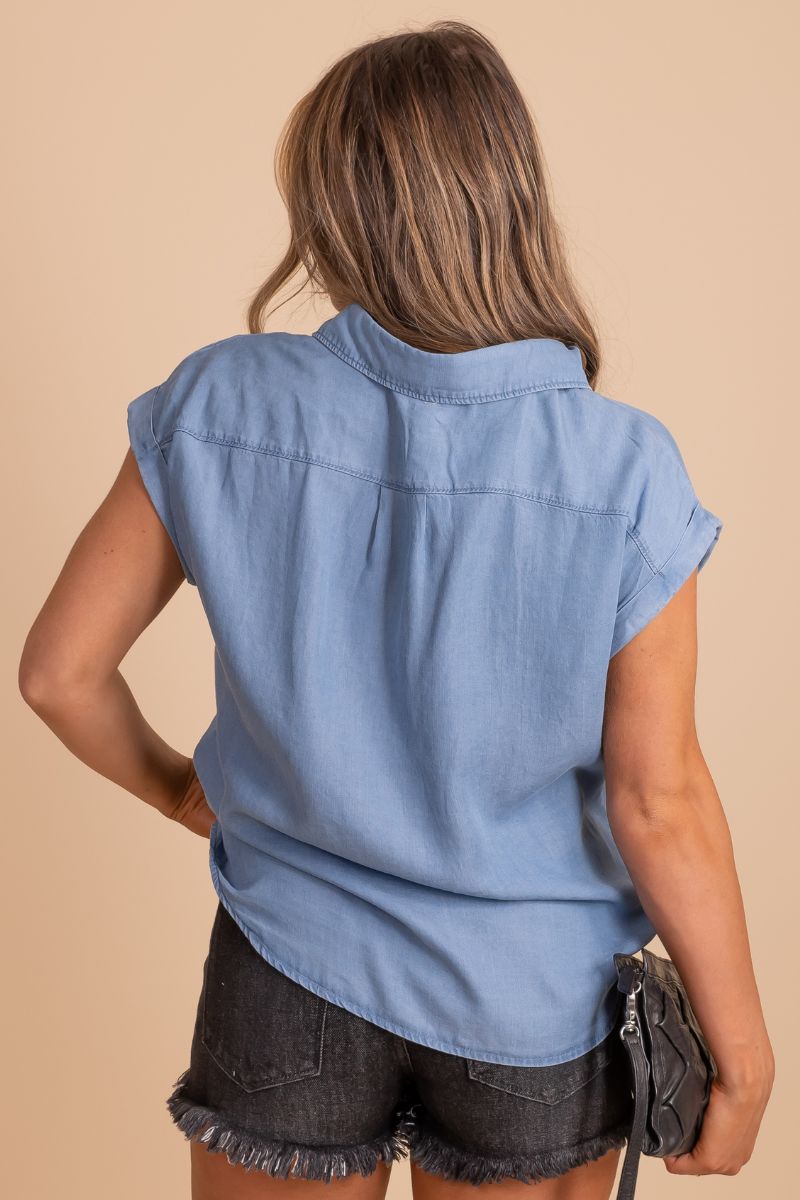 Women's Blue Front Pocket Boutique Tops