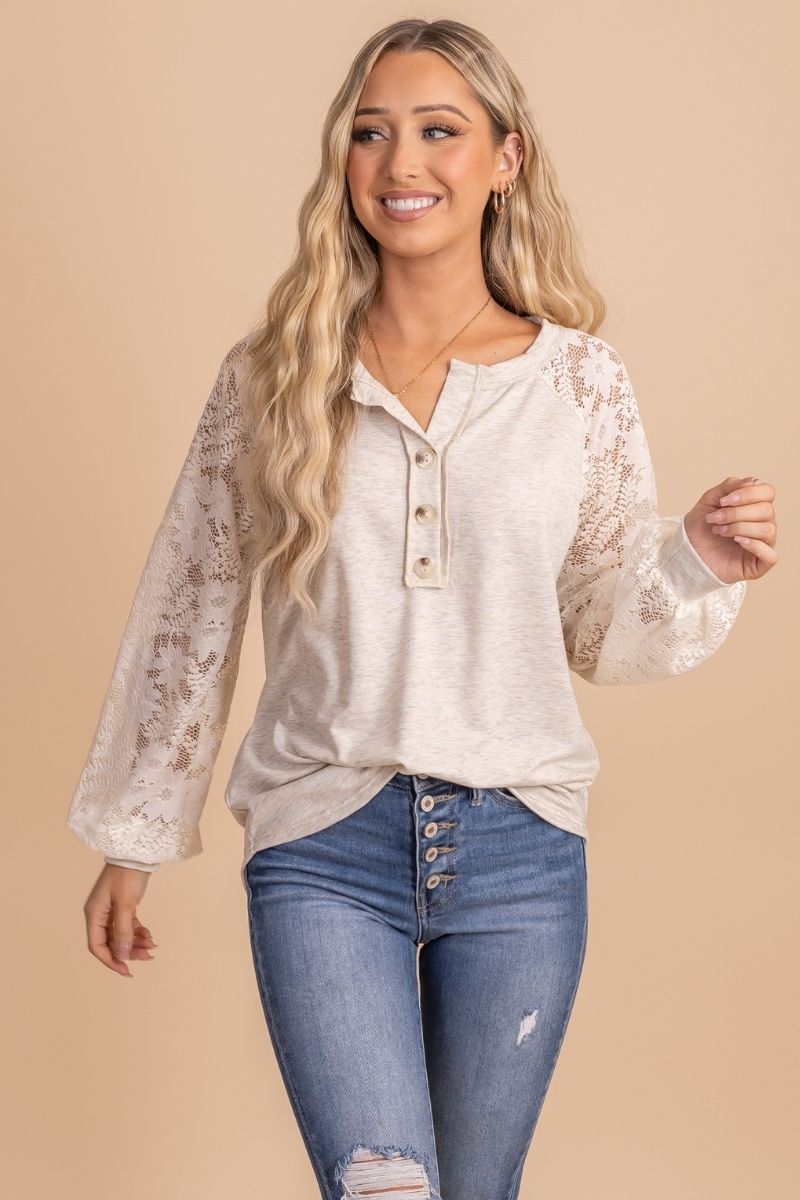Off White Button Accent Boutique Tops for Women