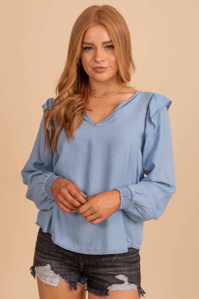 Light Blue Chambray Boutique Blouses for Women