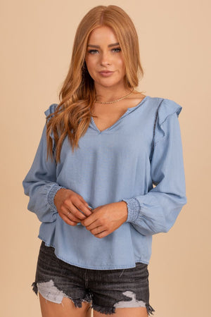 Light Blue Chambray Boutique Blouses for Women