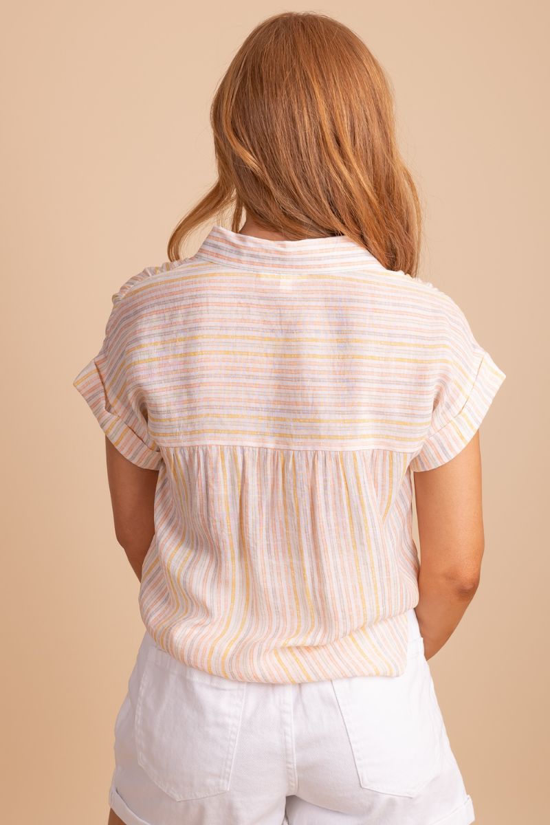 Women's Orange Striped Cuffed Sleeve Boutique Shirt