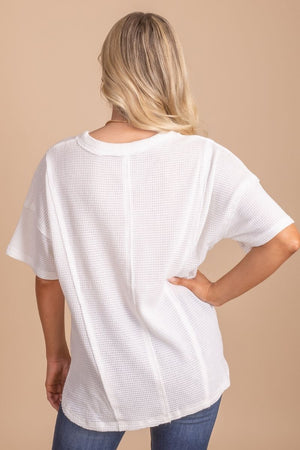Women's White Waffle Knit Material Boutique Top