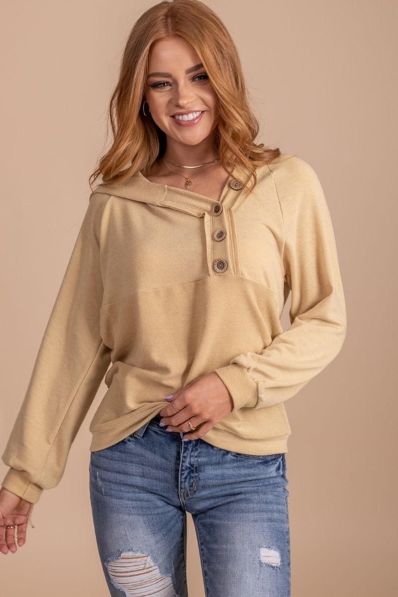 Light Yellow Button Accented Boutique Tops for Women