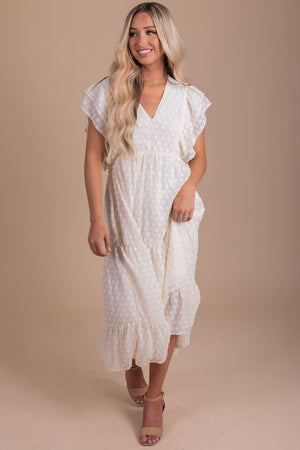 Women's White Dress with Textured Polka Dot Material