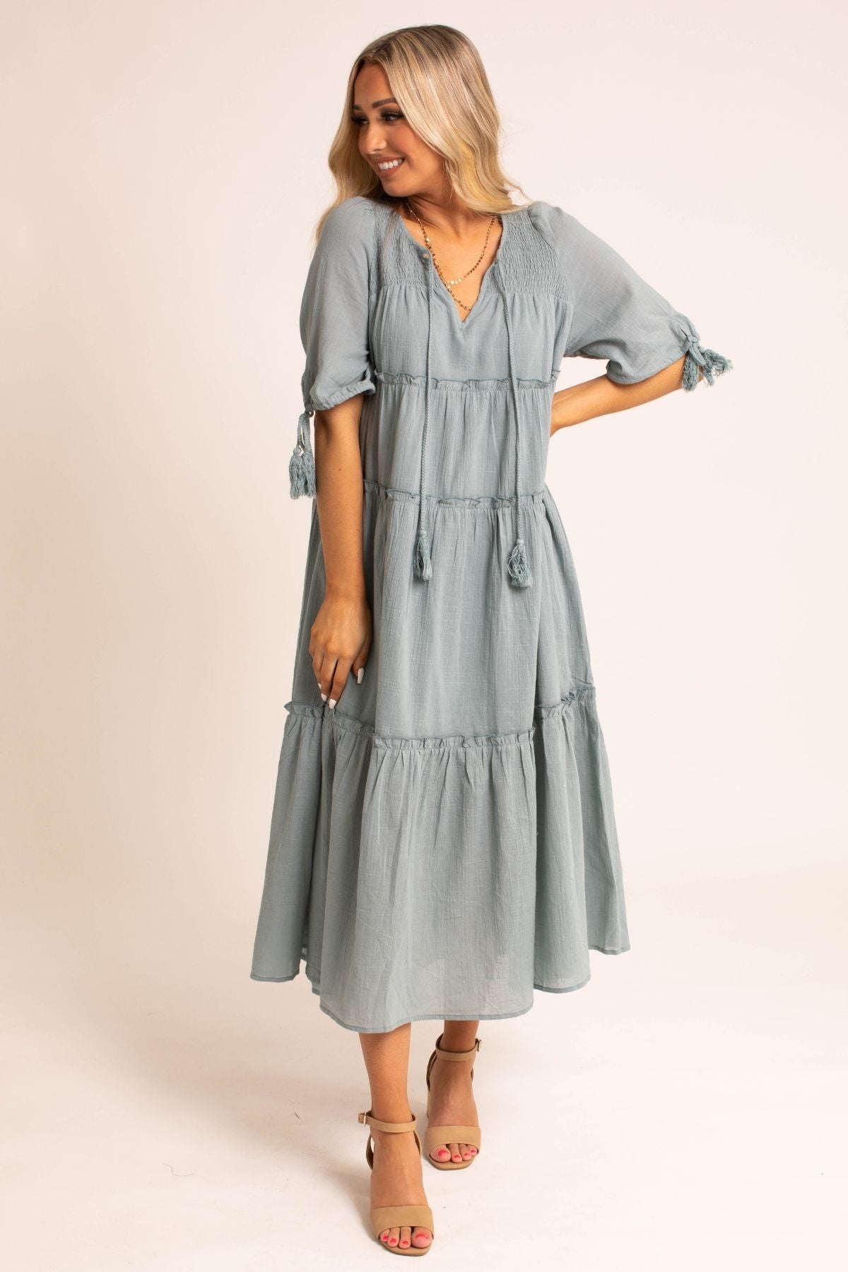 Boutique Dress in Sage Green.
