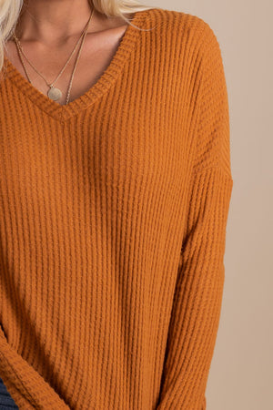 burnt orange waffle knit long sleeve top