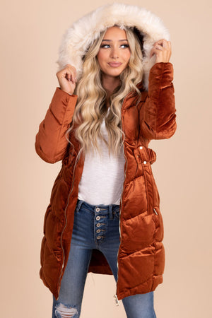 women's burnt orange trendy velvet puffer coat