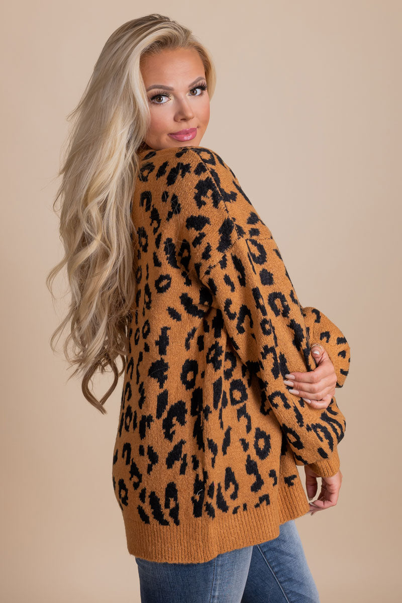 boutique women's orange leopard print long sleeve sweater