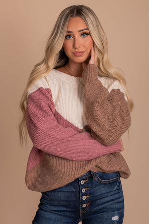 pink brown and white color block sweater