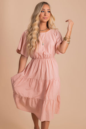 women's affordable pink tiered midi dress