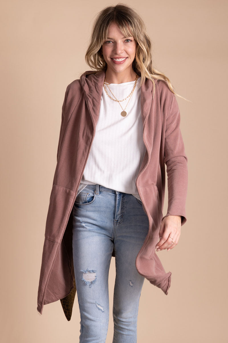 women's pink hooded cardigan sweater for fall