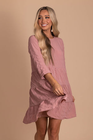 women's pink mini dress with 3/4 length sleeves