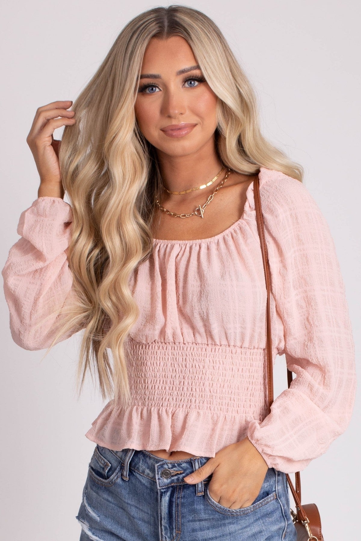 Women's Pink Smocked Long Sleeve Blouse with Square Neck