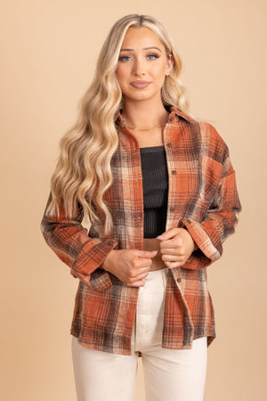 women's boutique dark orange long sleeve button front shirt