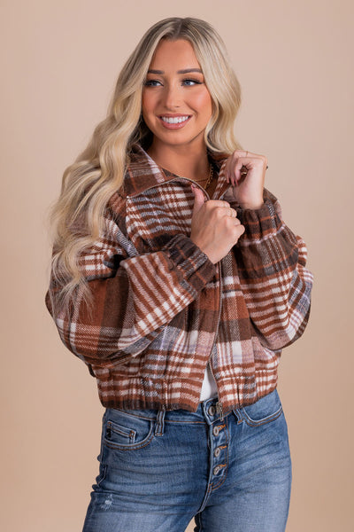 BROWN FLANNEL CROP JACKET