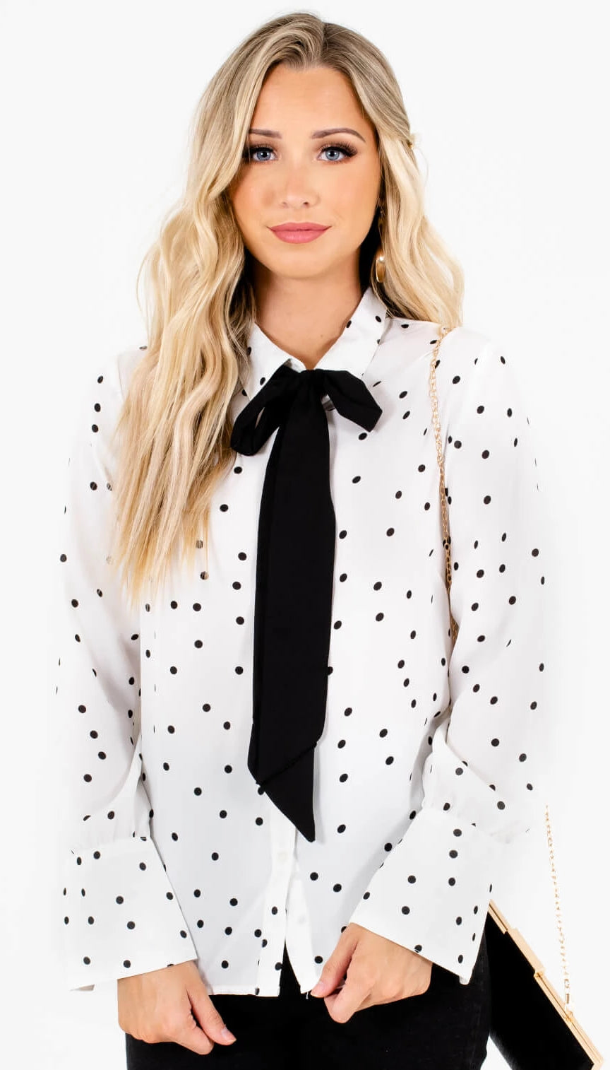 White Black Polka Dot Pussybow Neck Tie Button-Up Shirts