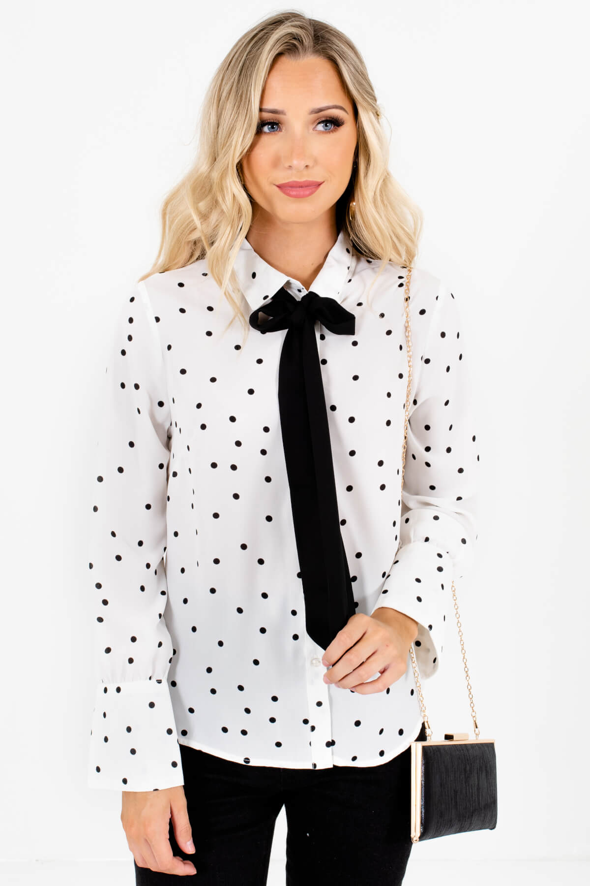 White Black Polka Dot Pussybow Button-Up Shirts for Women