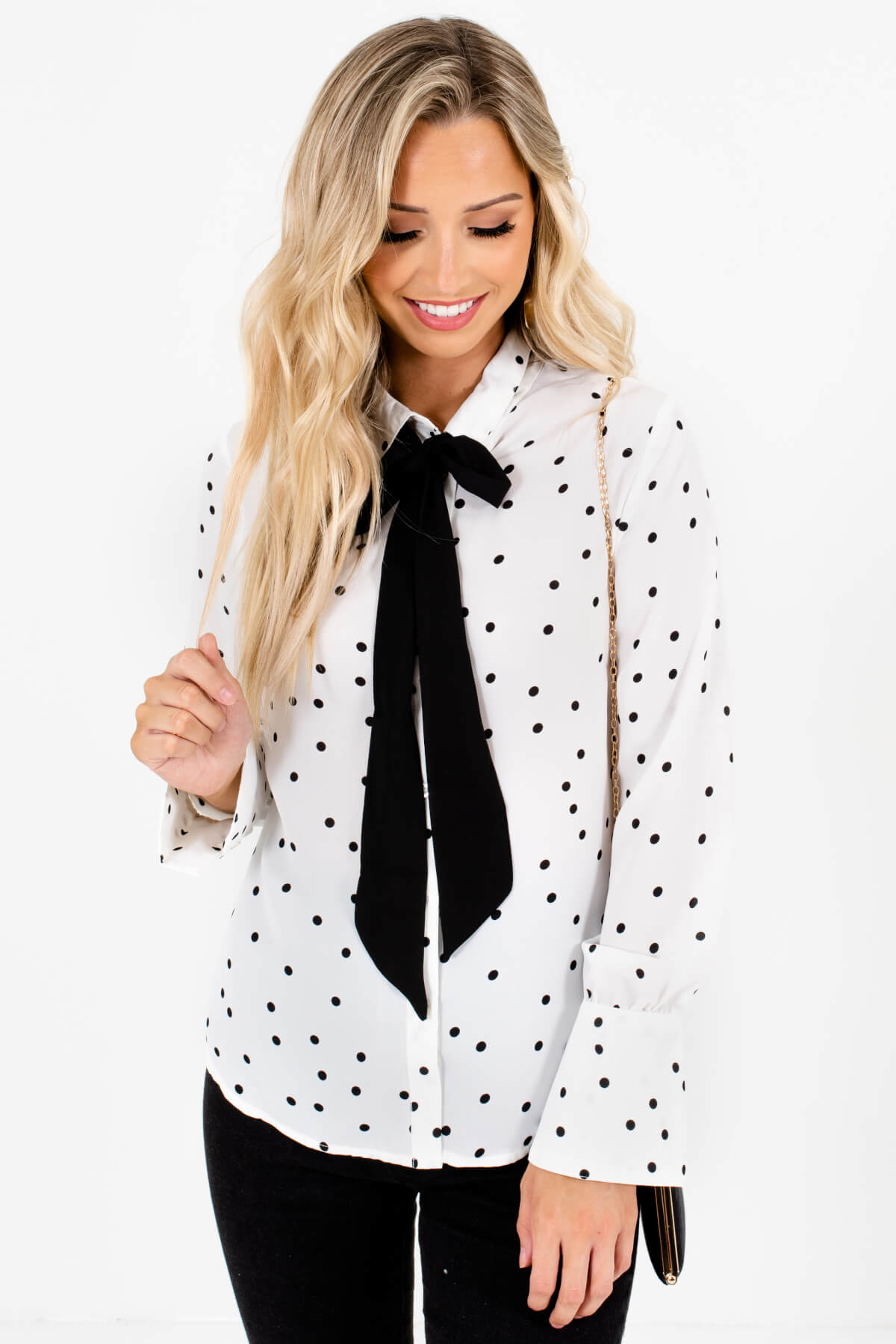 White Black Pussybow Neck Tie Polka Dot Shirts for Women