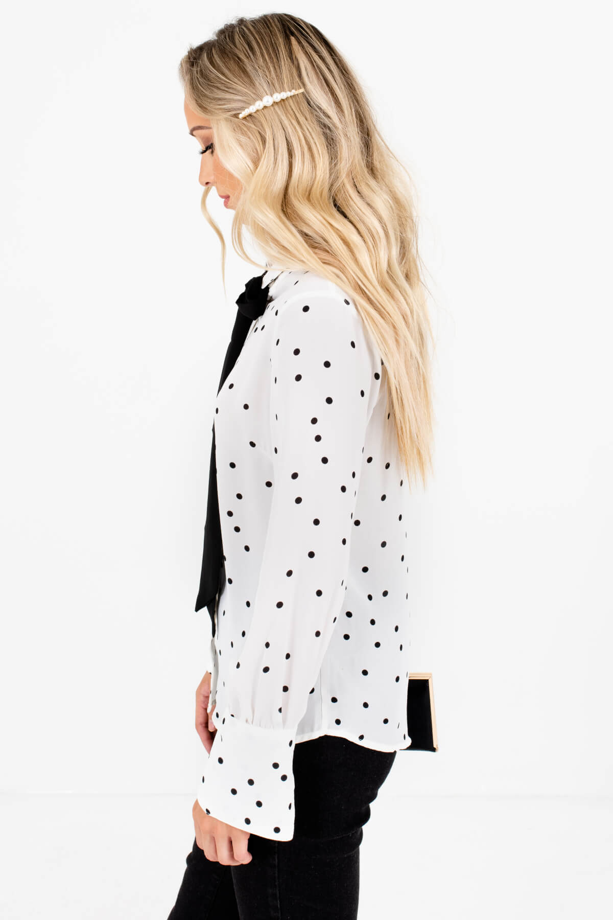 White Black Pussybow Tie Polka Dot Button-Up Shirts for Women