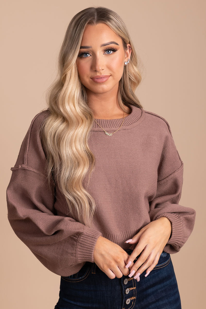 boutique women's long sleeve puff sleeve purple sweater