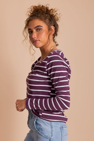 Burgundy and White Striped Boutique Tops for Women