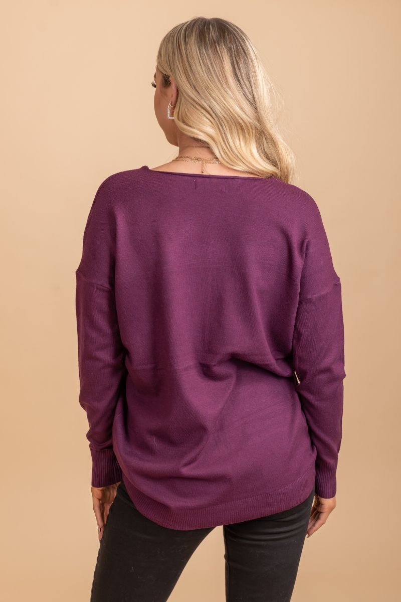 long sleeve purple v-neck sweater