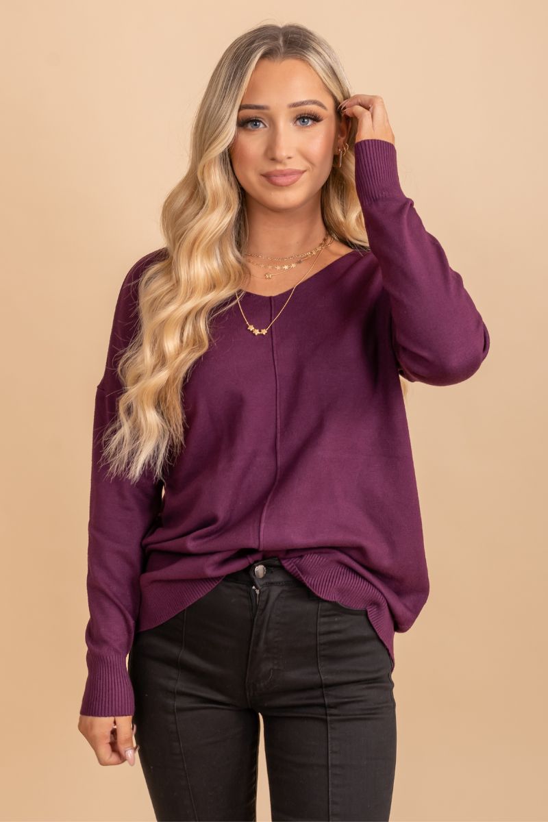 purple long sleeve v-neck sweater
