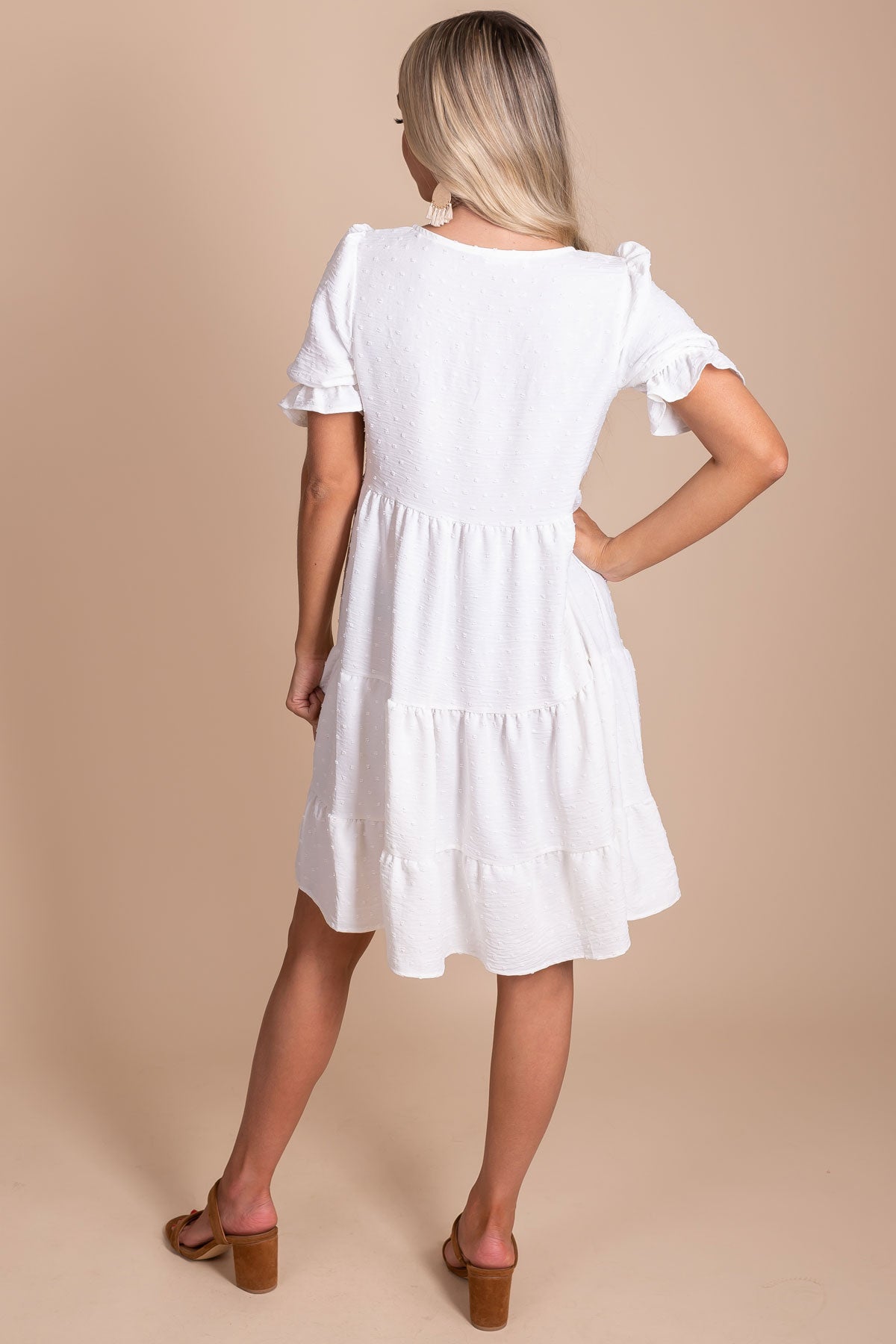 Women's Mini Length White Textured Dress