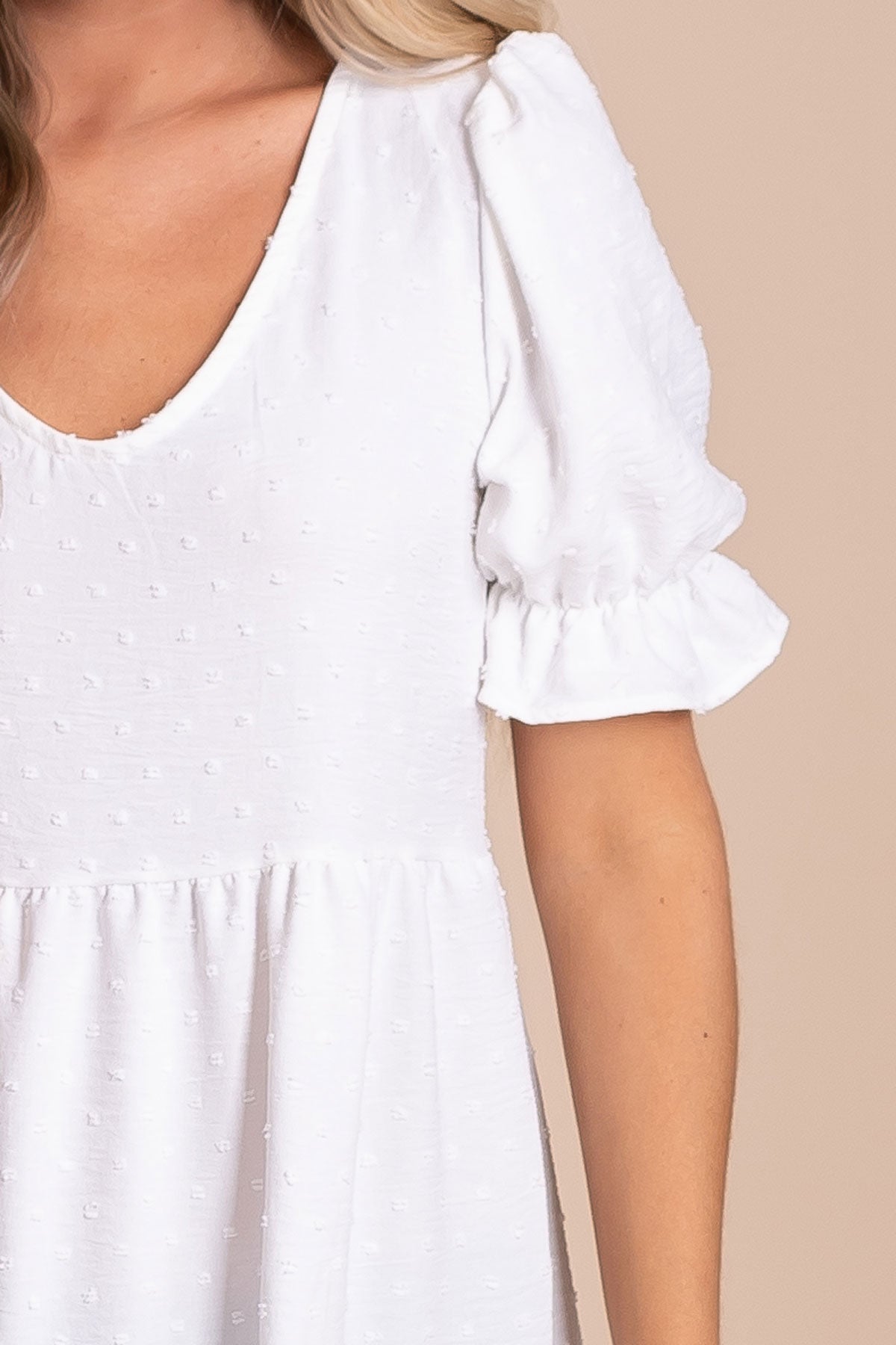 Women's Textured Puff Sleeve White Mini Dress