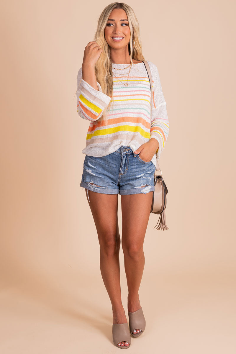 women's yellow red and blue striped lightweight summer top