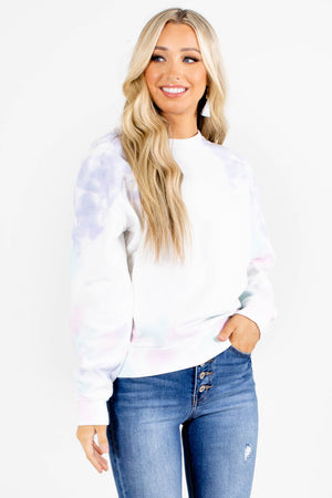 women's white pullover with gray tie dye details