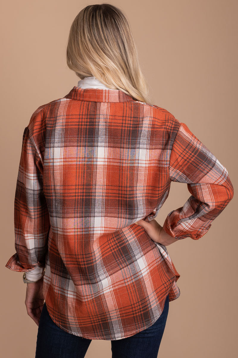White, Gray, and Orange Plaid Top for Women