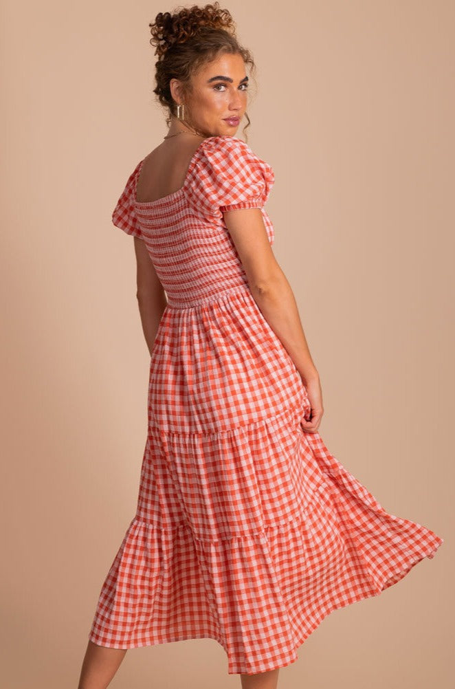 Red Gingham Midi Dress with Smocked Back, Puff Sleeves, and Tiered Skirt