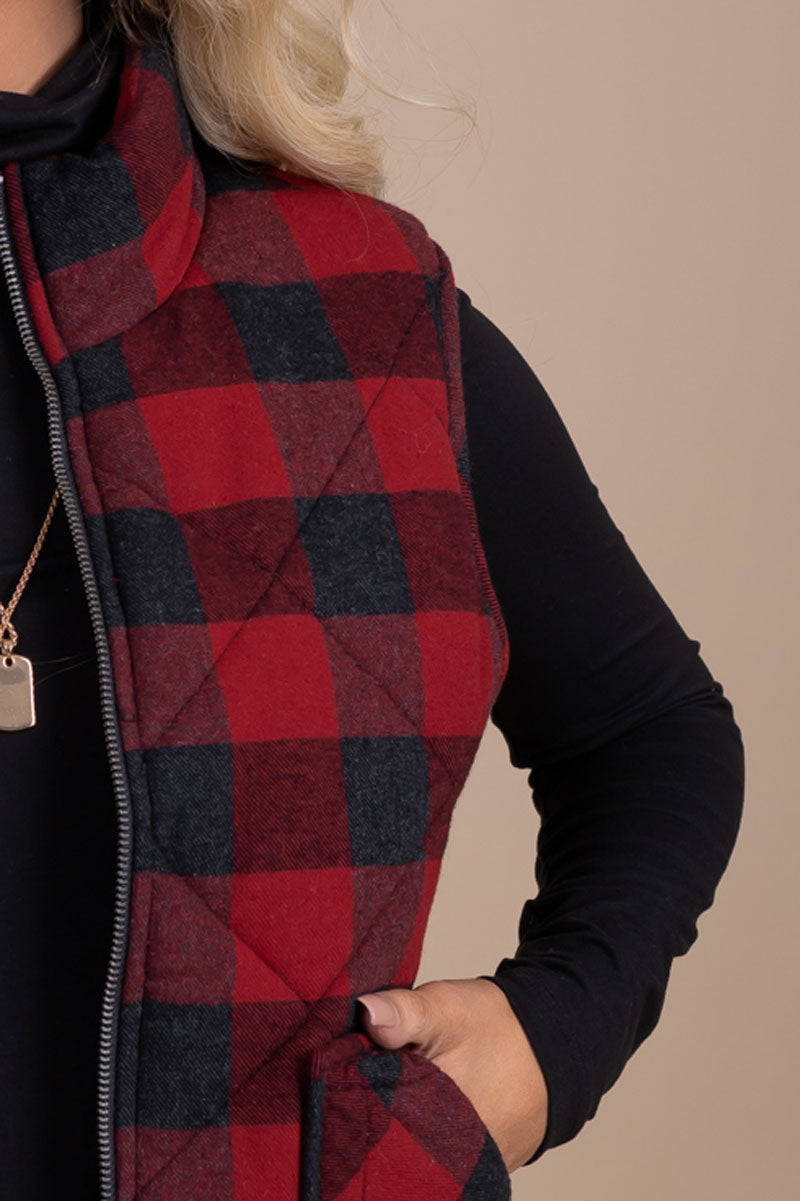 women's red plaid buffalo print vest with pockets