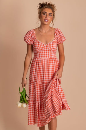 Red Midi Dress with Gingham Print and Sweetheart Neckline
