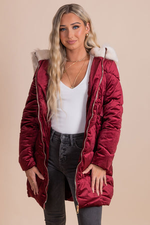 red velvet faux fur-lined quilted coat for winter