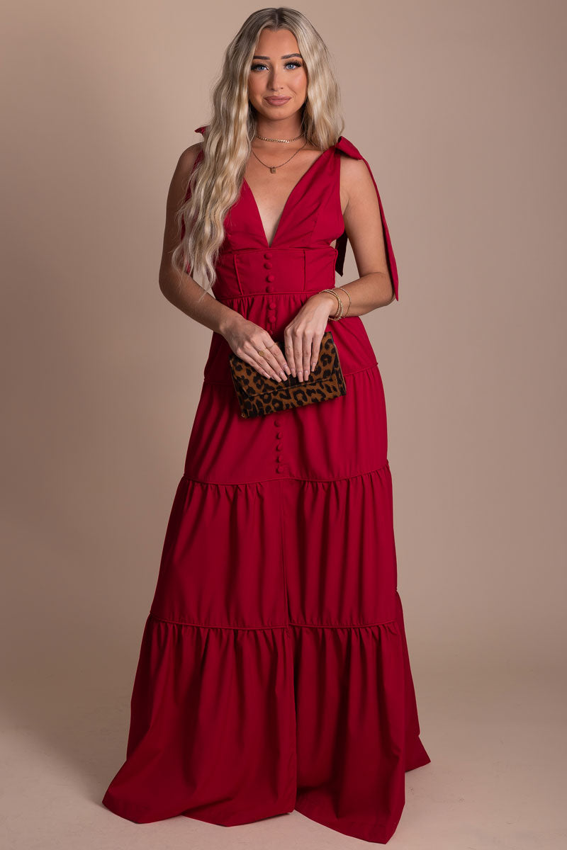 women's bright red button front maxi dress with self tie straps