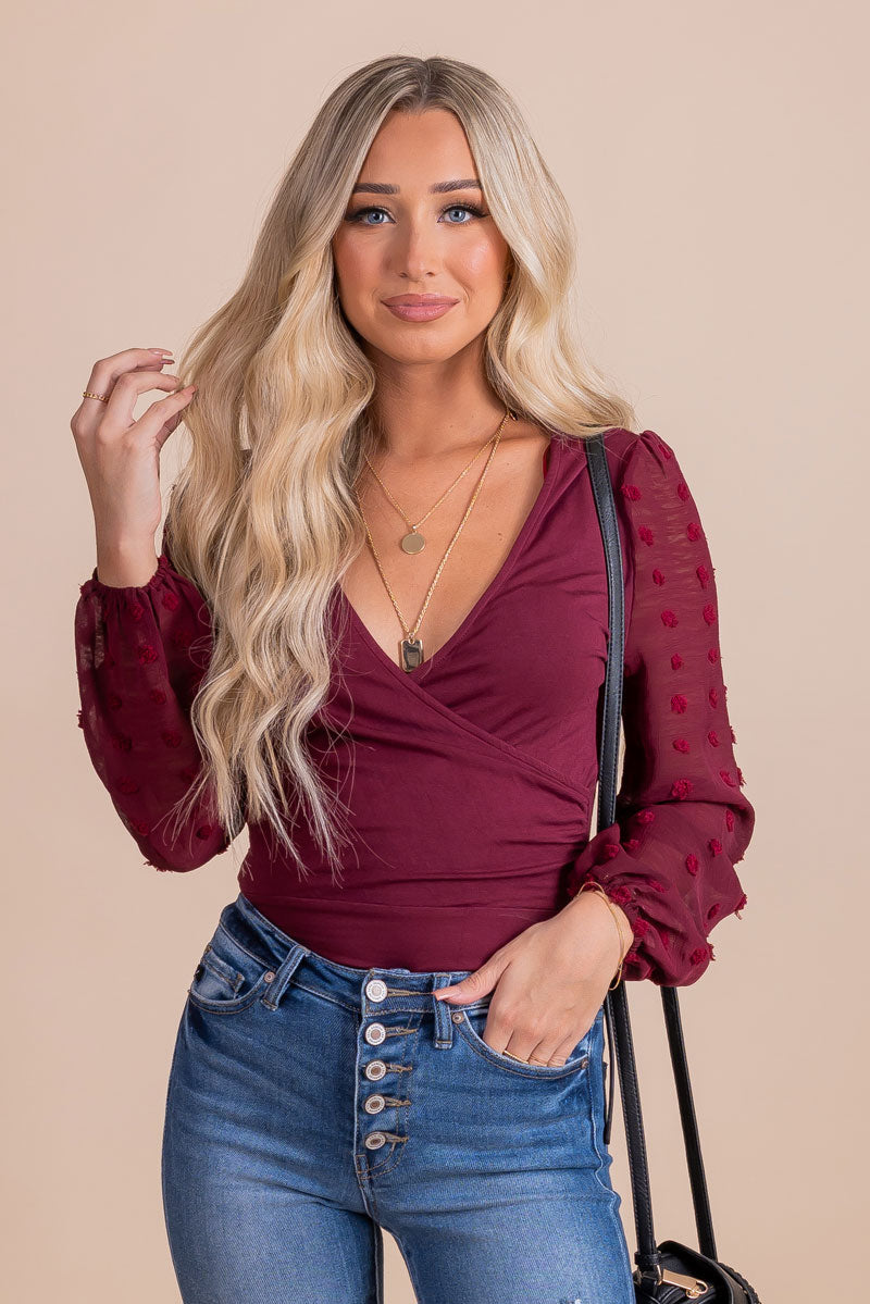 boutique burgundy red long sleeve textured bodysuit