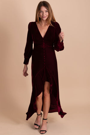 women's dark burgundy red velvet maxi dress